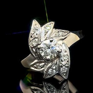 Antique Art Nouveau! Diamond Flower Pave Milgrain Petal Ring in 14k White Gold